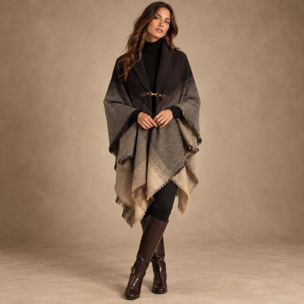 Shawl Cape Wrap Women L-XL Brown Ombre Fringed Buckle Layer Quiet Luxury Fall